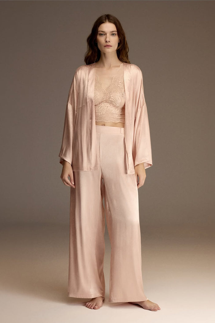 Powder pink lace-trim satin cami shown in detail — Belle Bonjour BM-1914