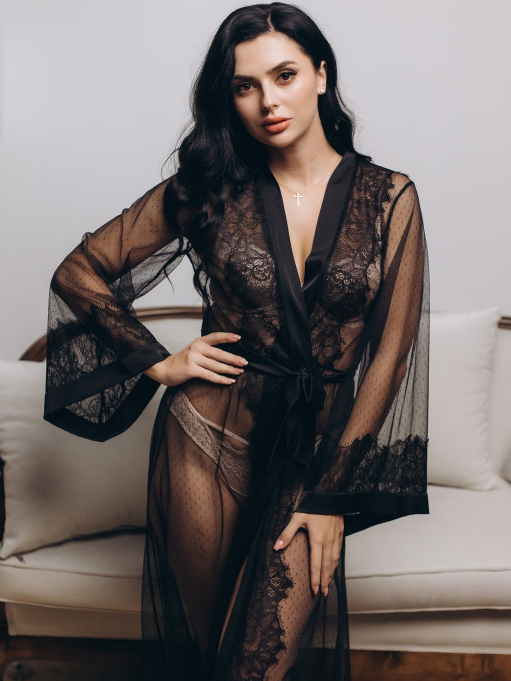 Black sheer lace robe front