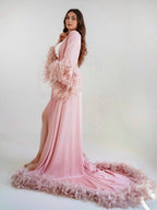 Pink feather robe with train | Double feathers on the sleeves – Made to Order