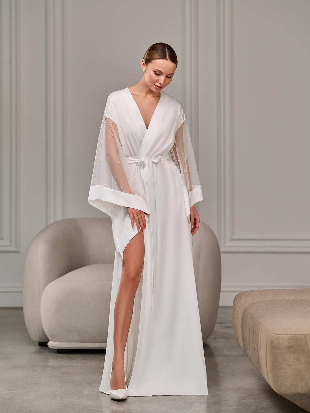 Ivory pearl robe sheer sleeve