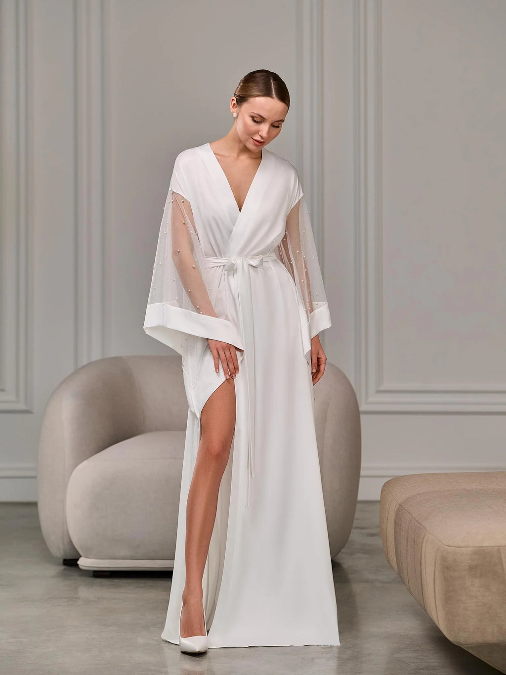 Ivory pearl robe sheer sleeve