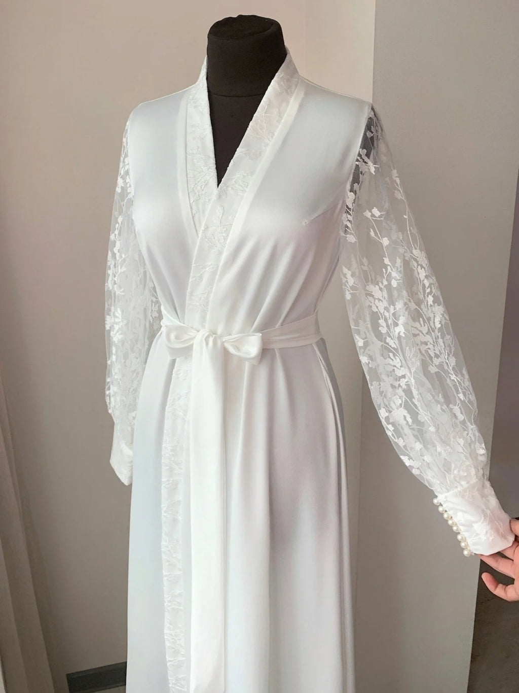 Bridal robe with lace pearls cuff Ivory Handmade – Made to Order
