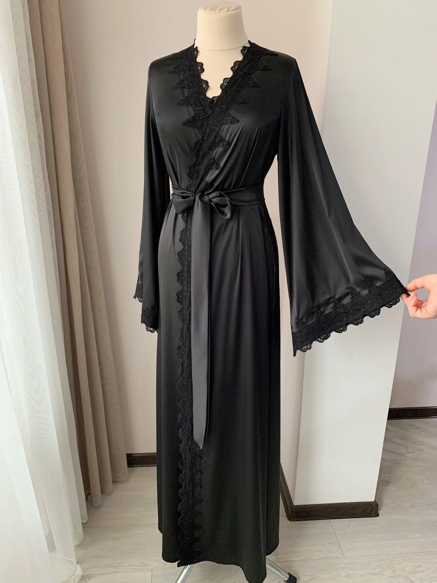 Black lace maxi robe front