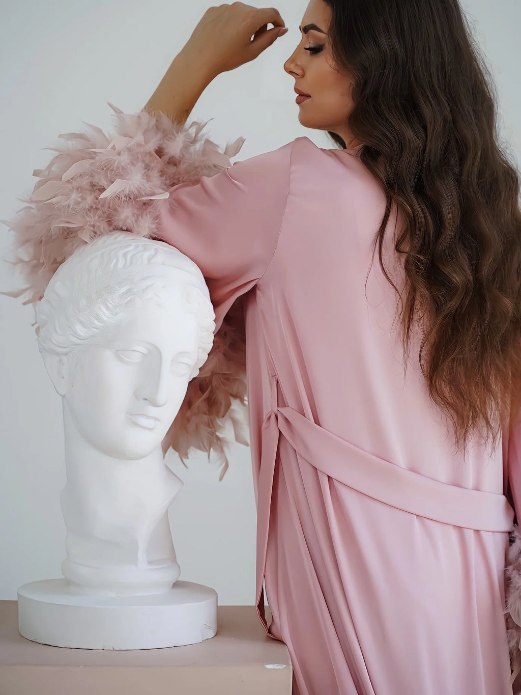 Pink feather robe with train | Double feathers on the sleeves – Made to Order