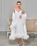 White Elegant Bridal Robe Set with Feathers – Made to Order | Belle Bonjour UAE