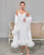 Elegant bridal robe set with feathers White – Made to Order