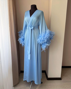Light blue feather bridal robe front