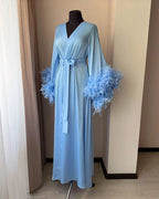 Light blue feather bridal robe front