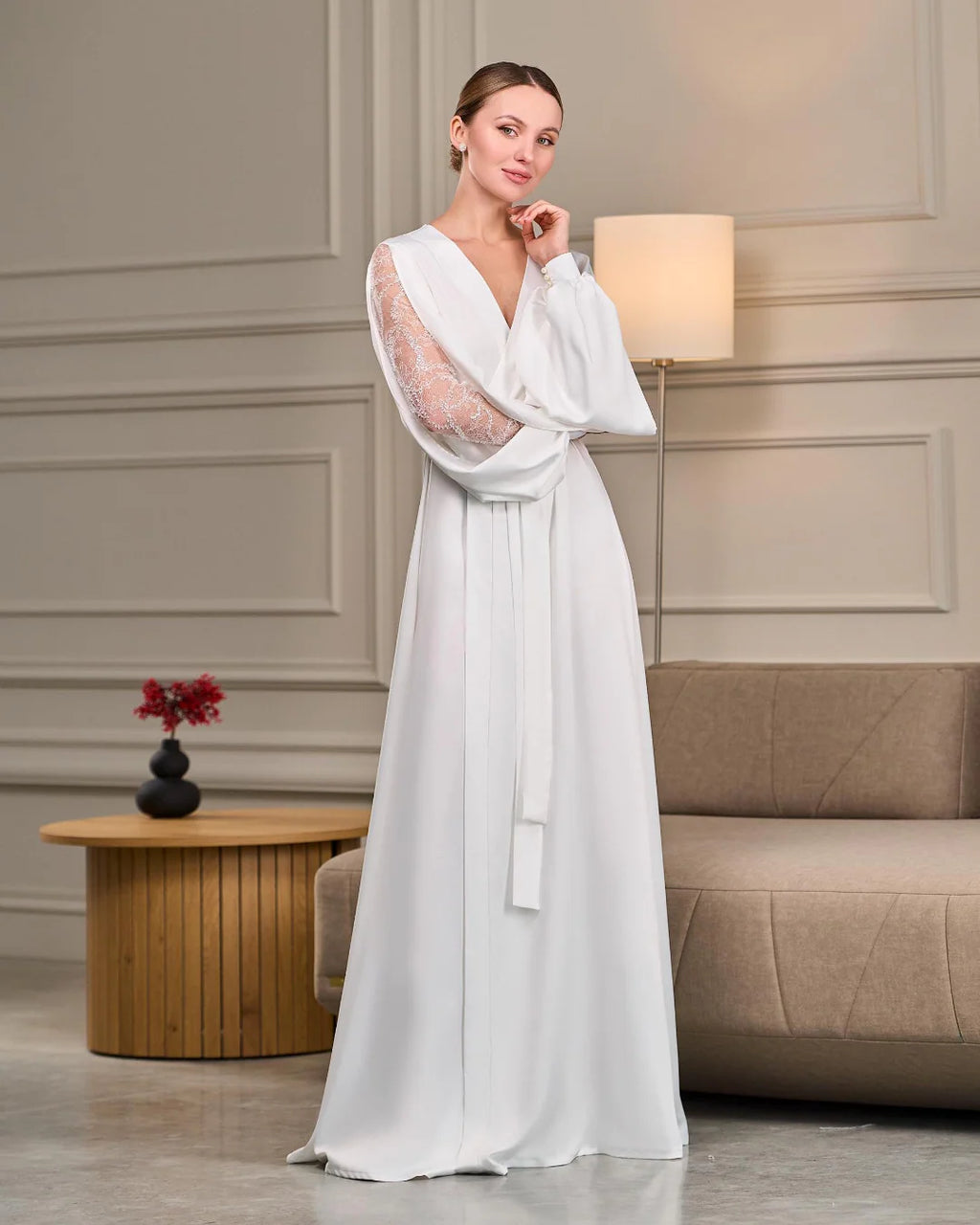Elegant bridal robe with beaded sleeves Ivory – Made to Order