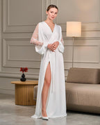 Elegant bridal robe with beaded sleeves Ivory – Made to Order