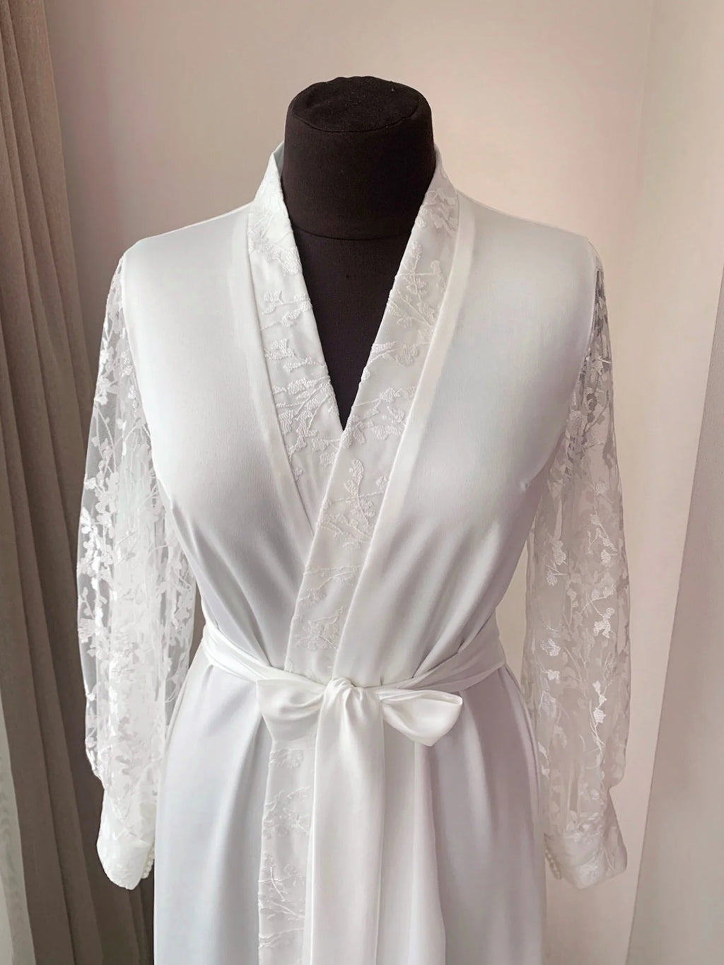Bridal robe with lace pearls cuff Ivory Handmade – Made to Order