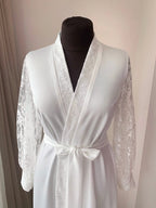 Bridal robe with lace pearls cuff Ivory Handmade – Made to Order