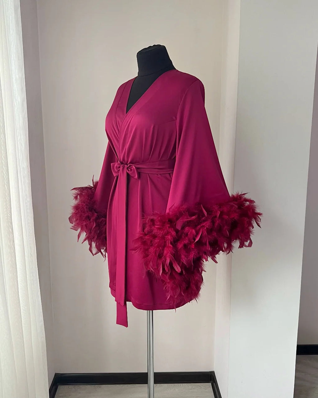 Burgundy feather bridal robe full length