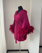 Burgundy feather bridal robe full length