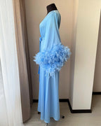 Light blue feather bridal robe detail