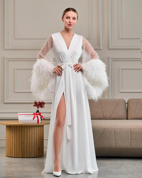 Ivory Ostrich Feather Bridal Robe – Made to Order Glamorous Wedding Robe | Belle Bonjour UAE