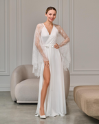 Ivory sheer bridal robe with lace sleeves