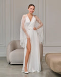 Ivory sheer bridal robe with lace sleeves