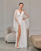 Ivory sheer bridal robe with lace sleeves