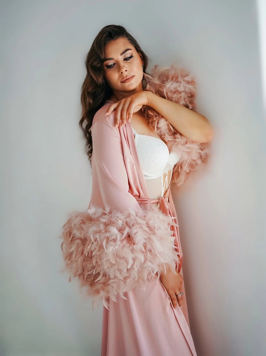 Pink feather robe with train | Double feathers on the sleeves – Made to Order