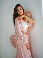 Pink feather robe with train | Double feathers on the sleeves – Made to Order