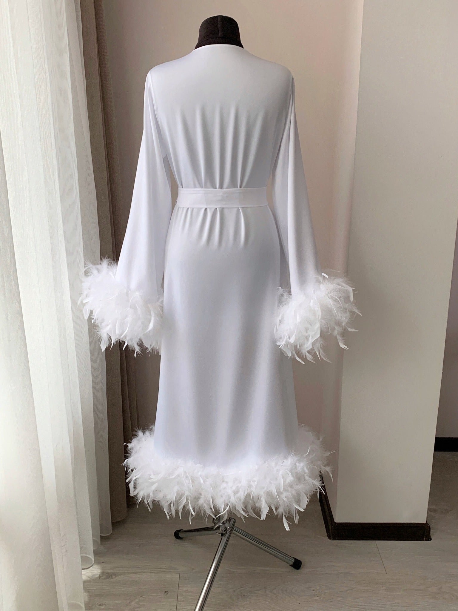 White feather bridal robe back