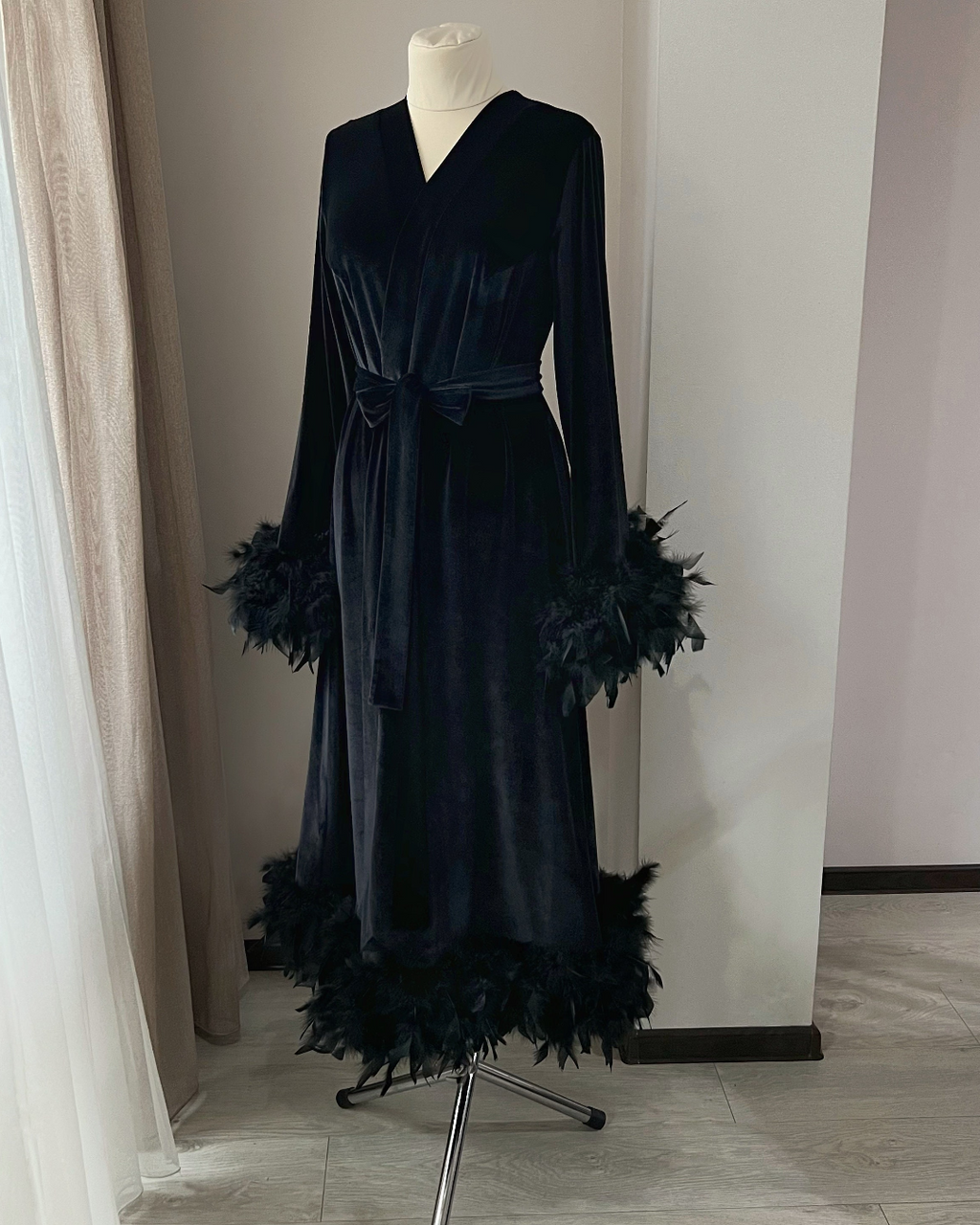 Black velvet feather robe front