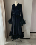 Black velvet feather robe front