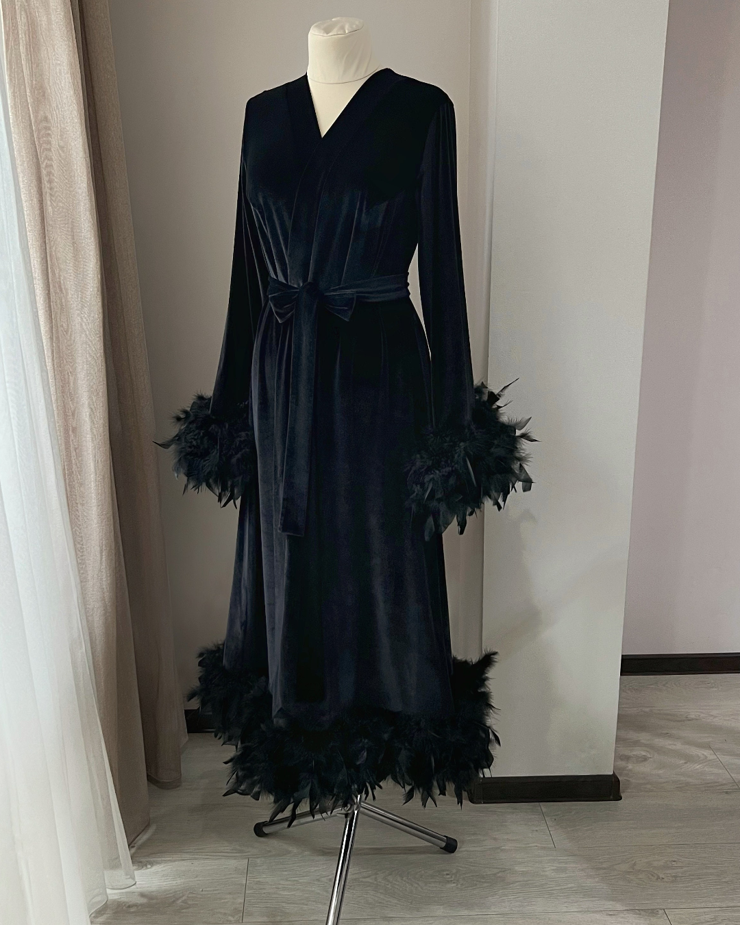 Black velvet feather robe front