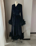 Black velvet feather robe front