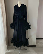 Black velvet feather robe front