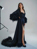 Black feather bridal robe with train