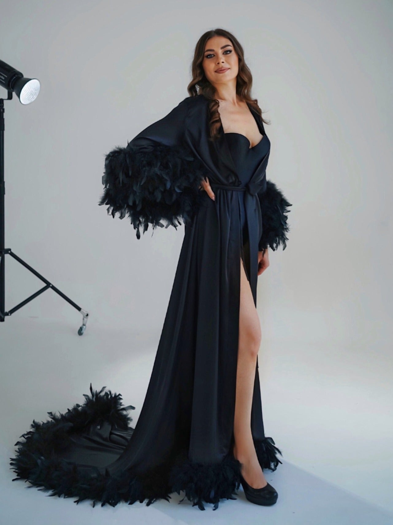 Black feather bridal robe with train