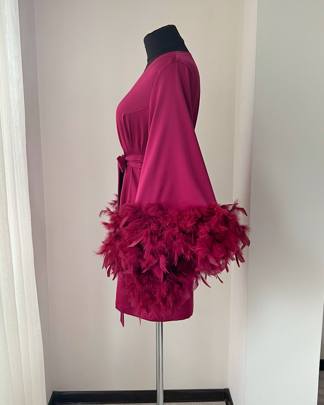 Burgundy feather bridal robe detail