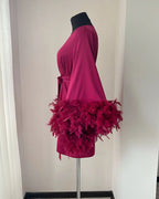 Burgundy feather bridal robe detail