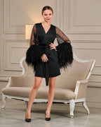 Feather bridal robe with ostrich feather sleeves Black – Made to Order