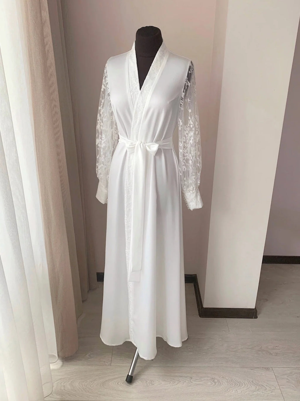Bridal robe with lace pearls cuff Ivory Handmade – Made to Order