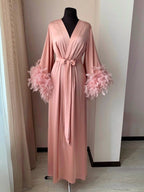 Long pink feathered bridal robe