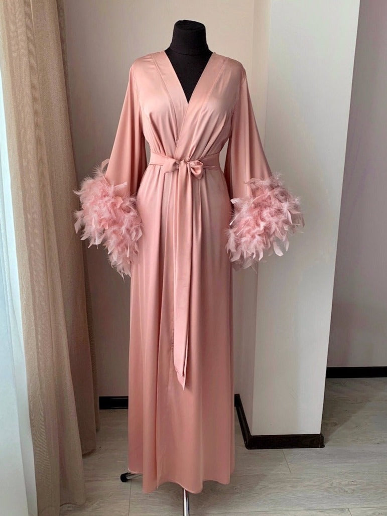 Long pink feathered bridal robe