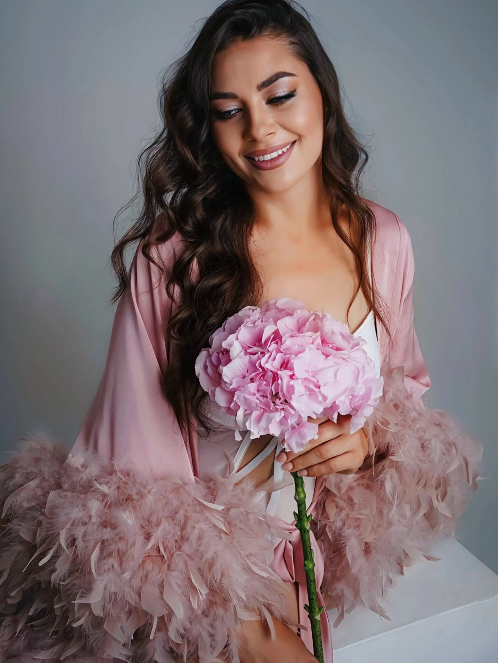 Pink feather robe with train | Double feathers on the sleeves – Made to Order