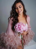 Pink Feather Bridal Robe – Feather Sleeve Close-Up | Belle Bonjour UAE