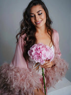 Pink feather robe with train | Double feathers on the sleeves – Made to Order
