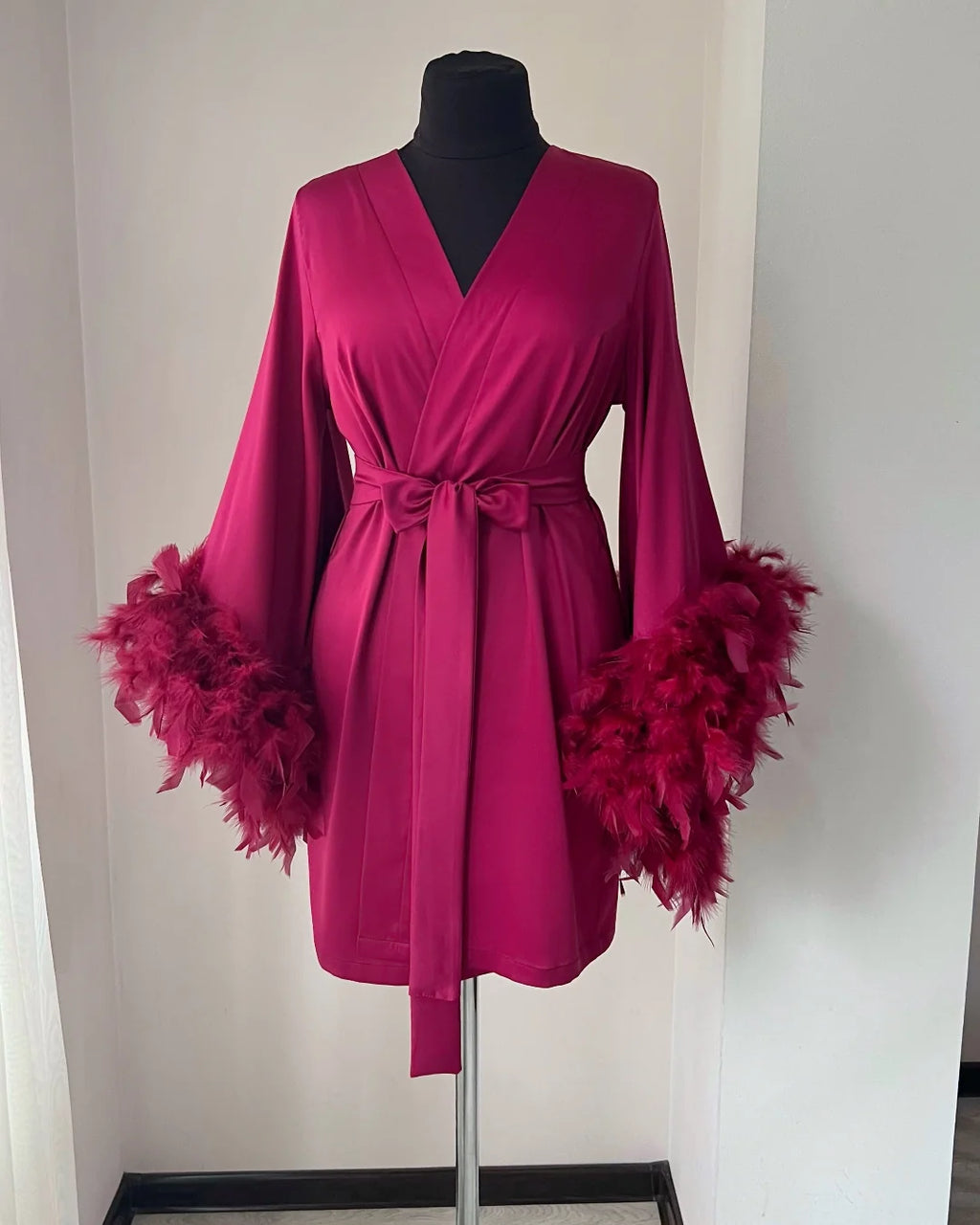 Burgundy feather bridal robe back