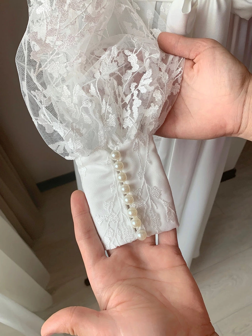 Bridal robe with lace pearls cuff Ivory Handmade – Made to Order