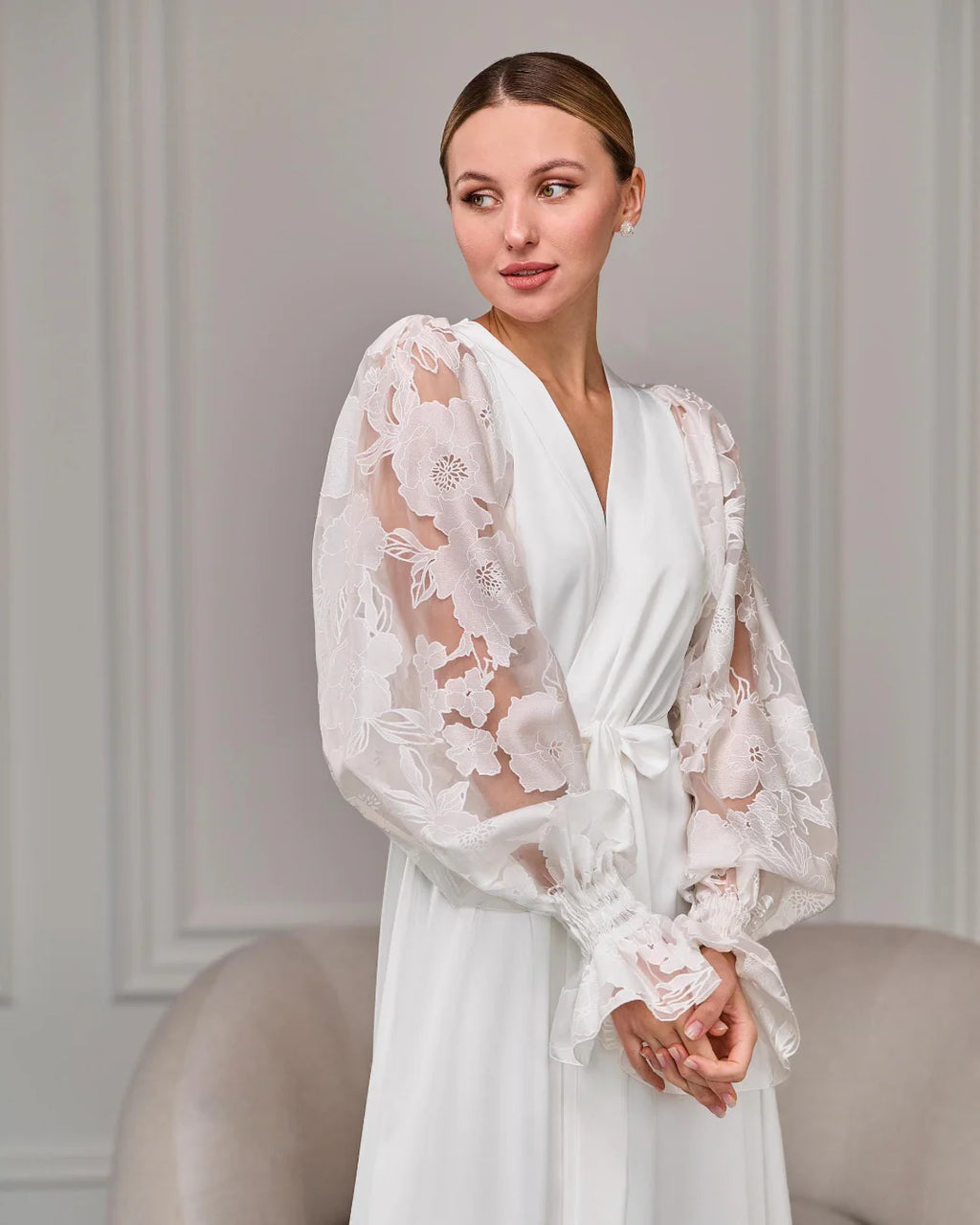 Ivory bridal robe with puff organza sleeves – Made to Order