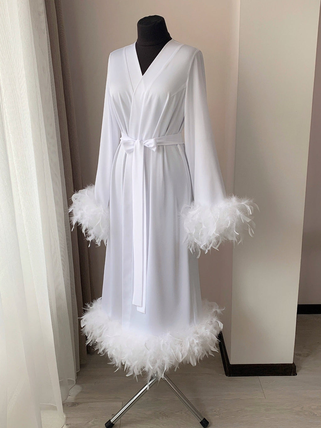 White feather bridal robe full length