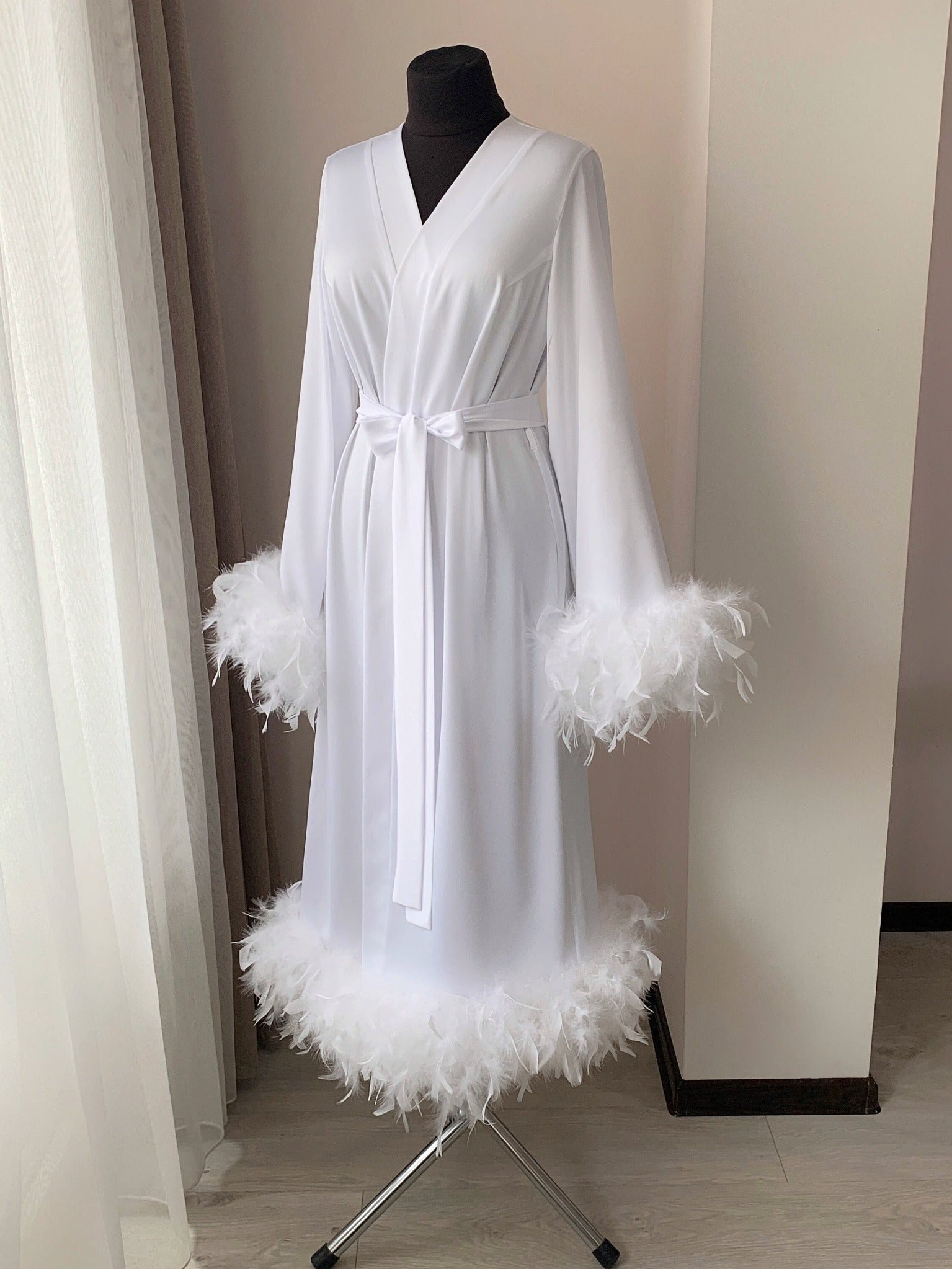 White feather bridal robe full length