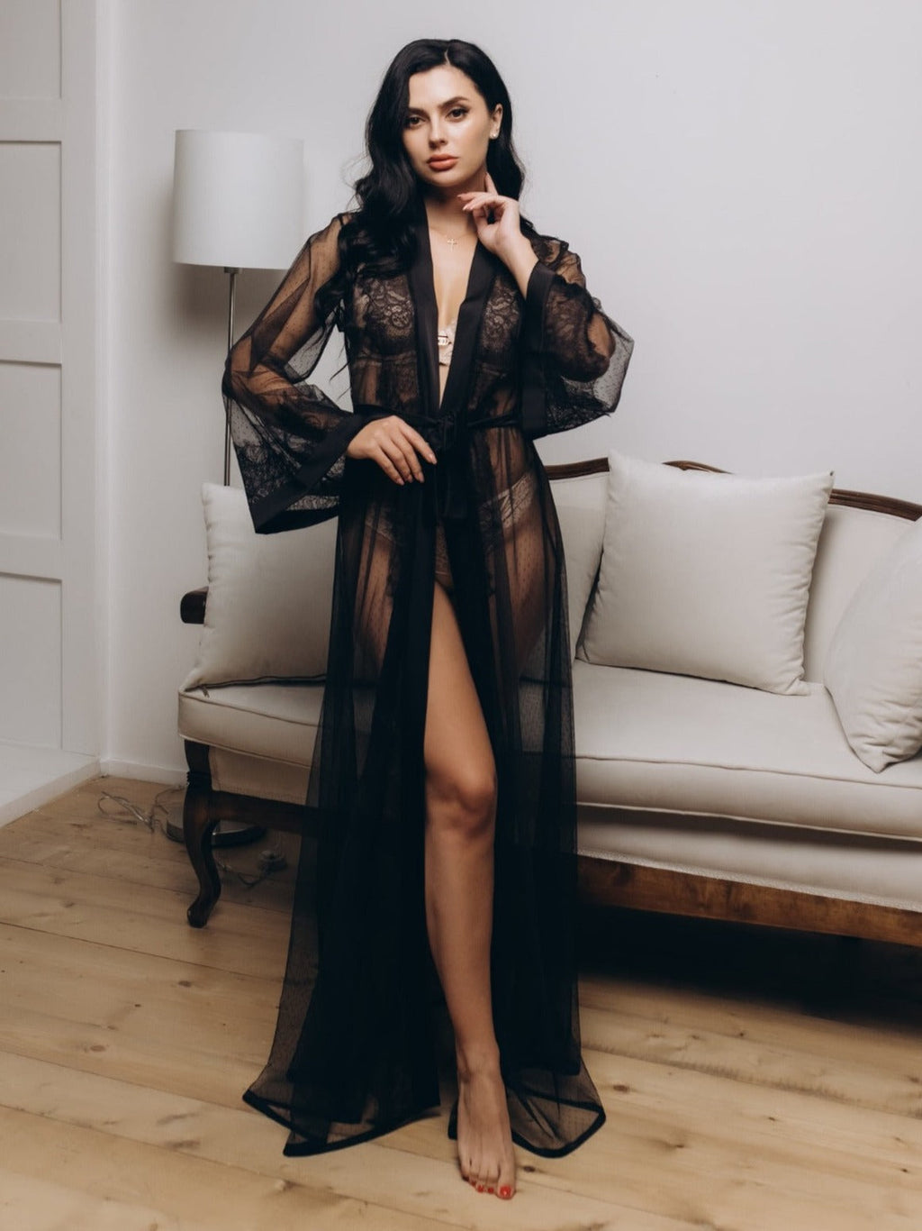 Black sheer lace boudoir robe
