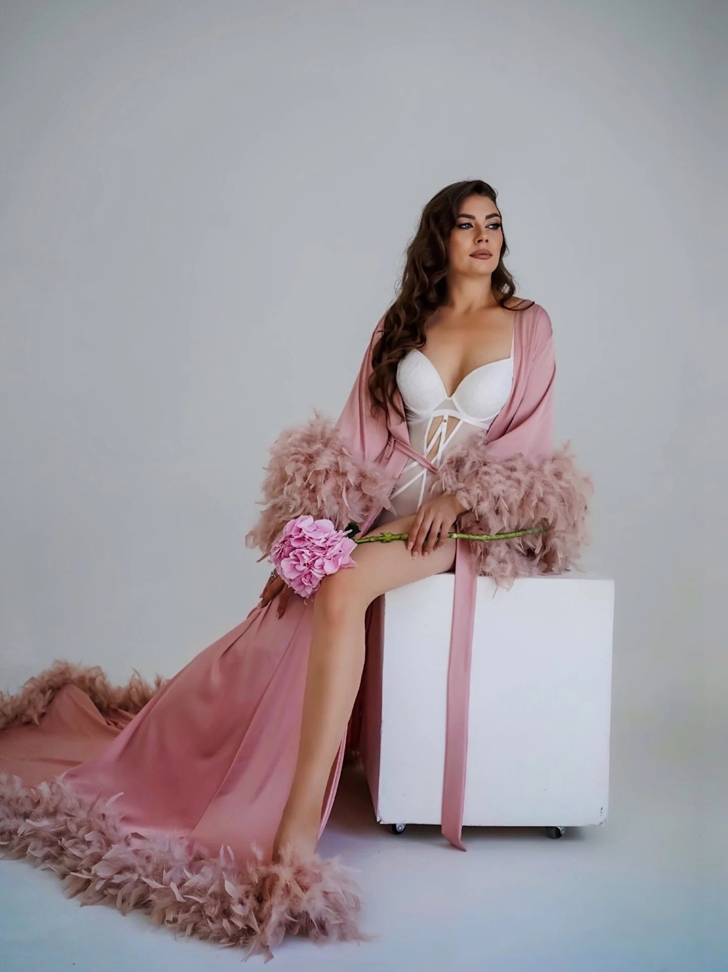 Pink feather robe with train | Double feathers on the sleeves – Made to Order