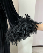 Black velvet feather robe styling